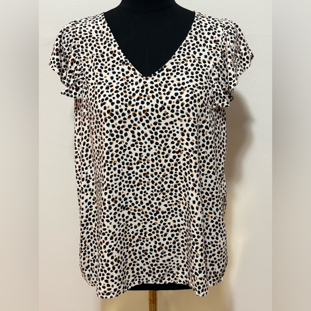 Old Navy Black and Brown Spotted V-Neck Blouse